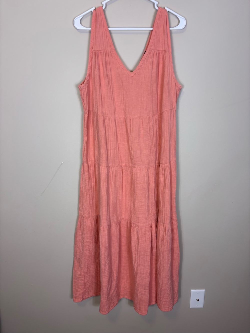 Quince Coral Tiered Gauze V-Neck Midi Dress Large